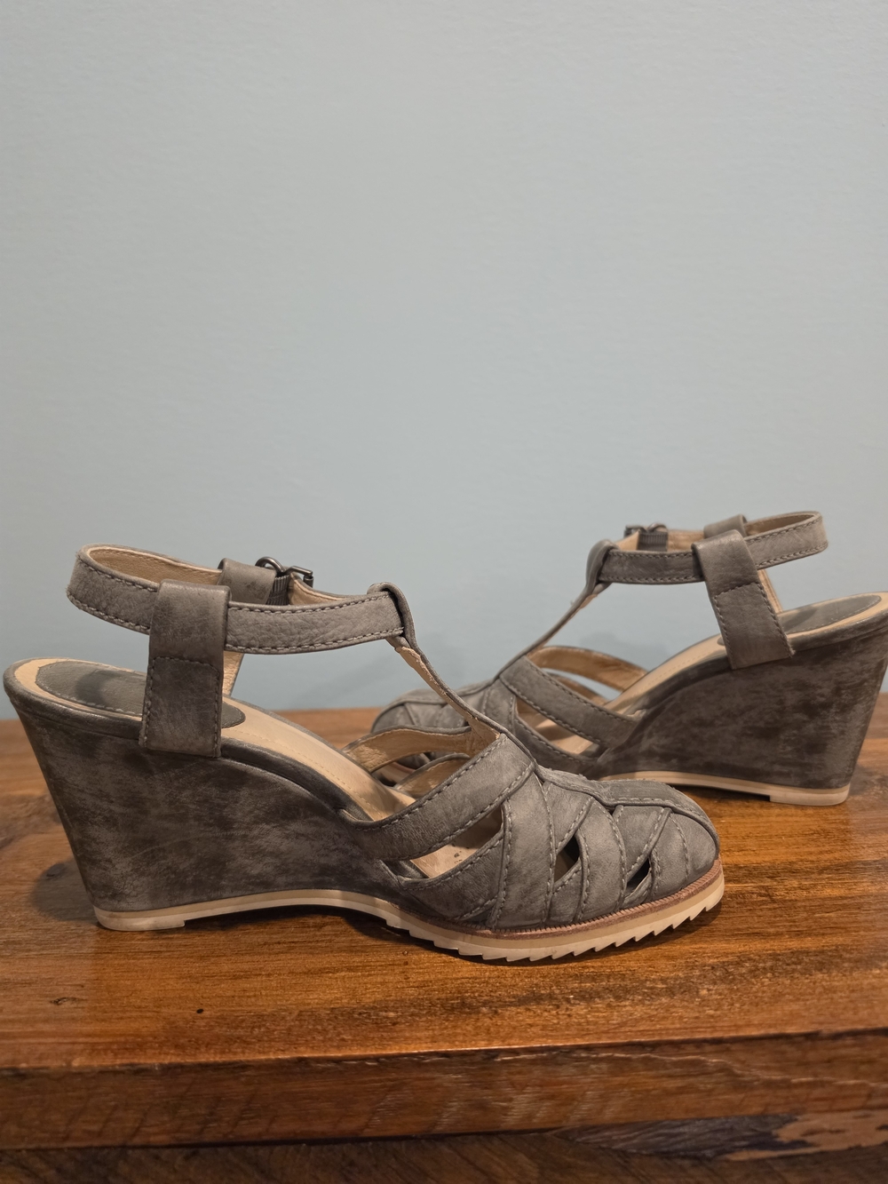 Frye Gray Suede Wedge Sandals
